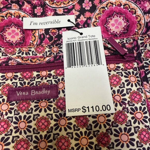 Vera Bradley Iconic GRAND Tote – Raspberry Medallion – NWT - Reversible - Picture 6 of 12